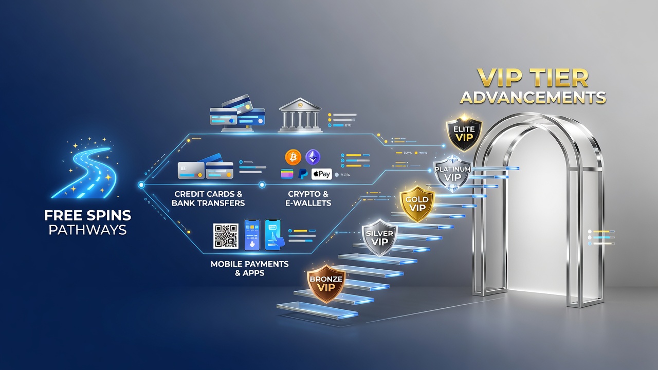 Illustration der Verknüpfung von Free Spins und VIP Levels über Transaktionswege